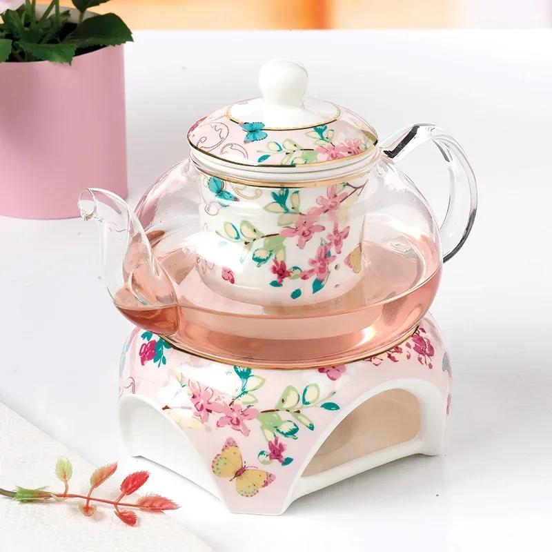 Glas-Teekanne mit Wärmebrenner, Keramik-Heizbasis, Hitzebeständiges Teekannen-Set, Kaffeegeschirr, Nachmittagstee-Geschirr, Mode