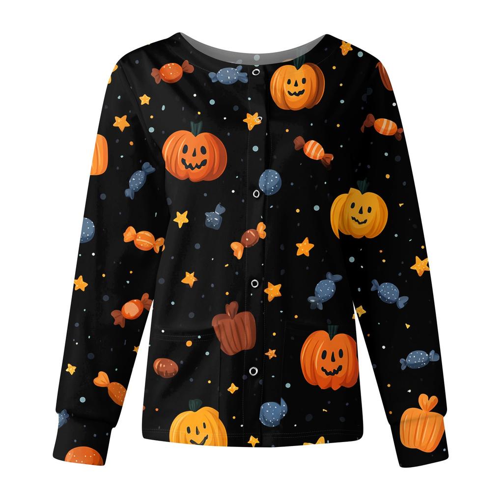 Women's Casual Fashion Long Sleeve Standing Collar Single Breasted Halloween Printed Workwear Jacket Tops