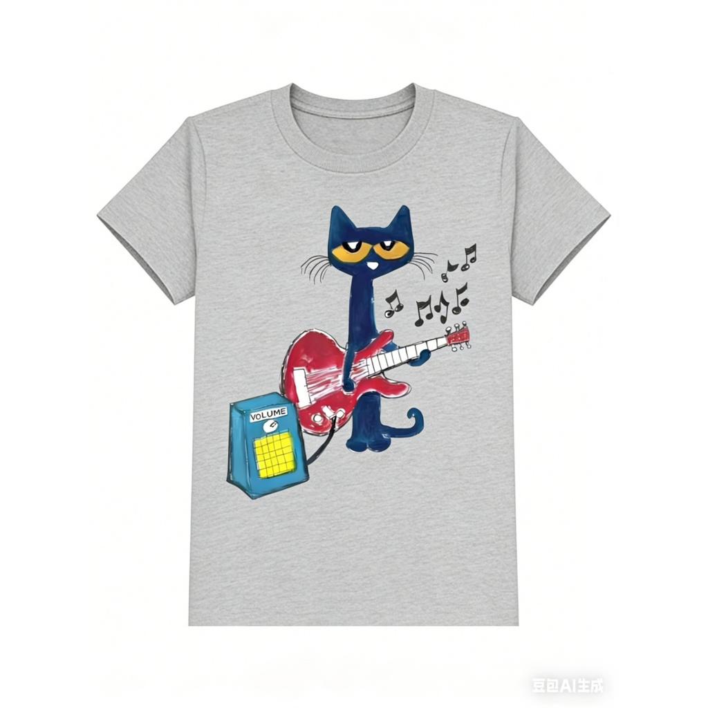 Women Summer Short Sleeve T Shirt Cool Cat Playing Guitar DesignCasual PrintComfortable And VersatileUnisex Style