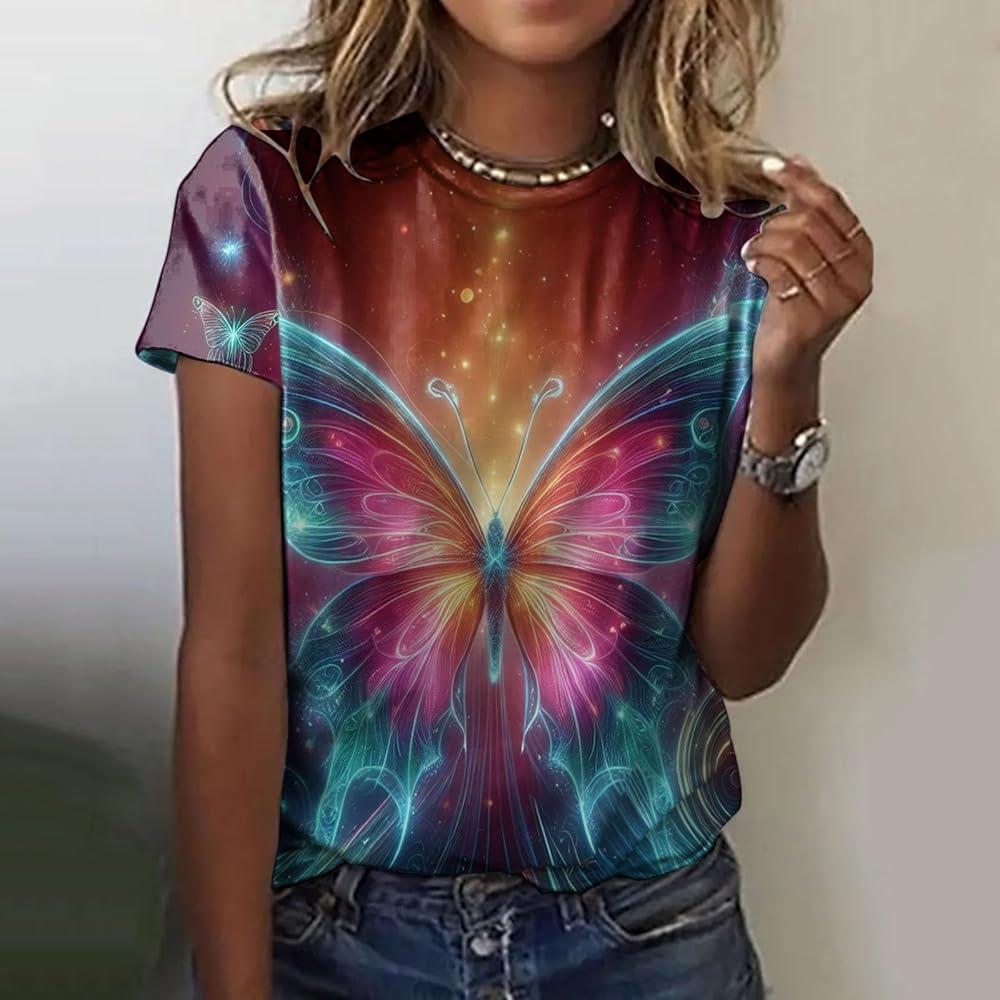 2026 New Romantic Retro 3D Printed Butterfly Pattern Women's T-shirt Round Neck Short Sleeved Fun Casual Insect Personality