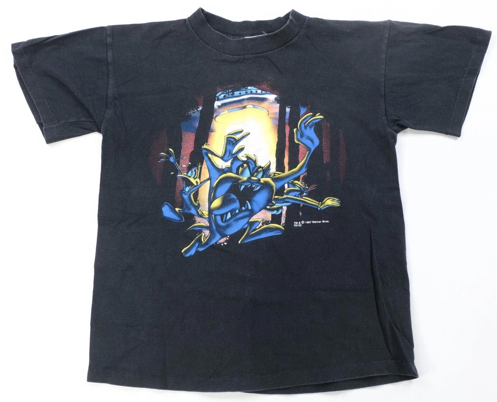 Rare VTG LOONEY TUNES Taz Bugs Daffy UFO 1997 Graphic T Shirt 90s Black Youth XL L