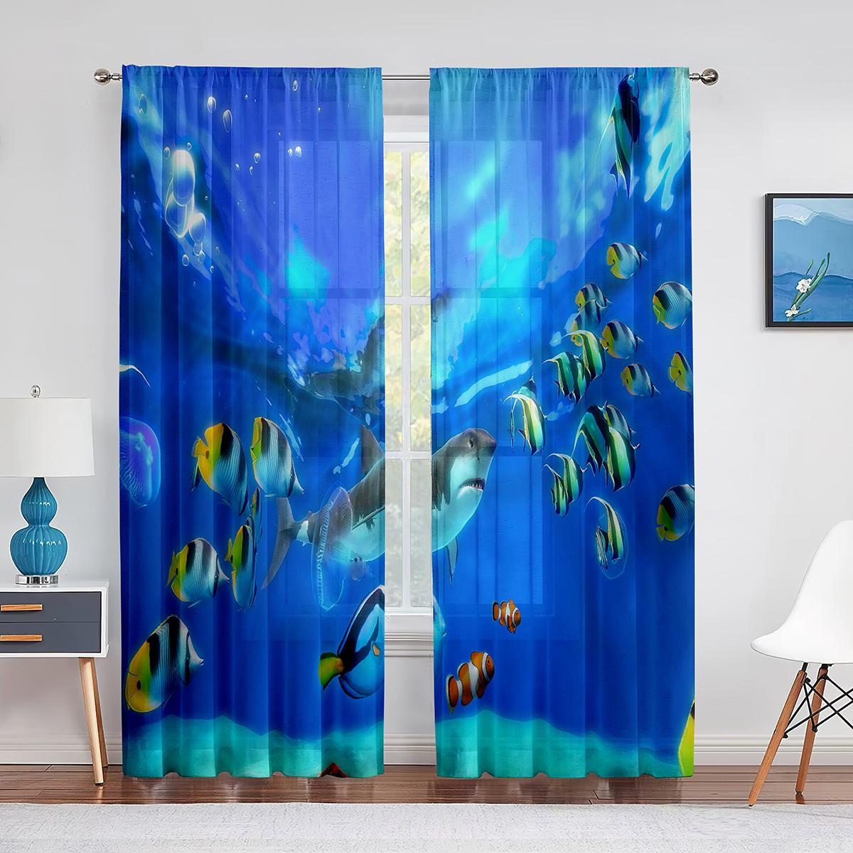 

Подводный океан Тема Тюль Шторы Тропические Рыбы Коралл Морская Жизнь для Гостиной Спальня Вуаль Прозрачные Шторы для Кухни 1 PCS W100XH250cm&Grommet Top