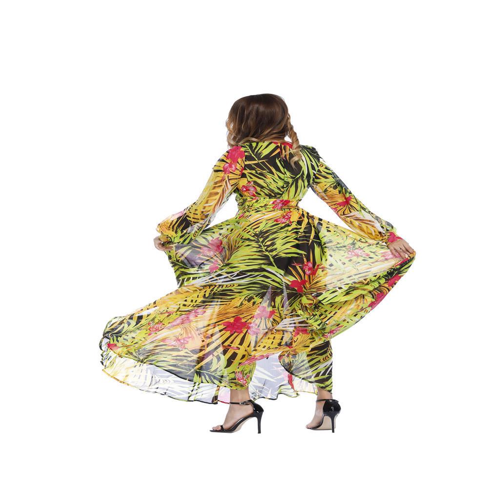 2025 Europäisches und amerikanisches langes Kleid mit V-Ausschnitt für Damen – Roter Blattdruck mit Laternenärmeln