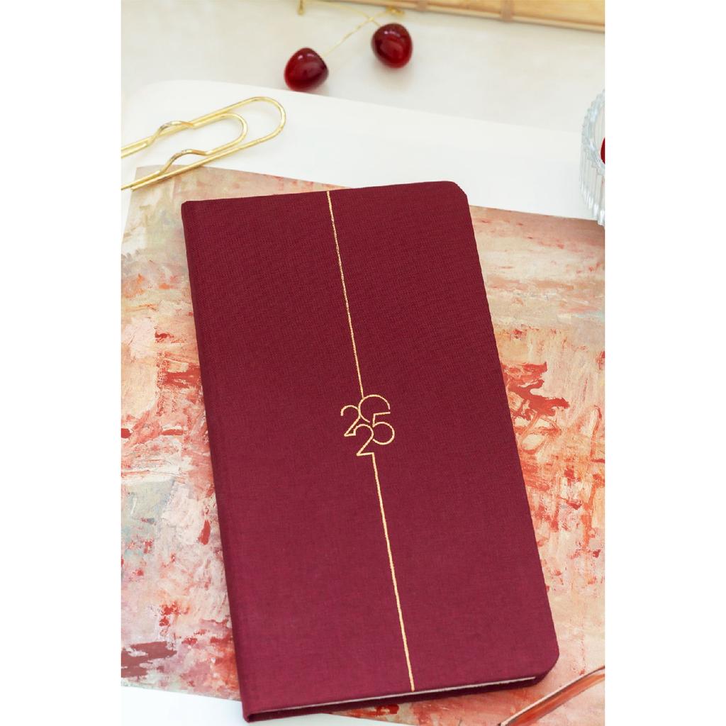 Agenda semanal de bolsillo de lino de 12 meses, color rojo burdeos, 2025