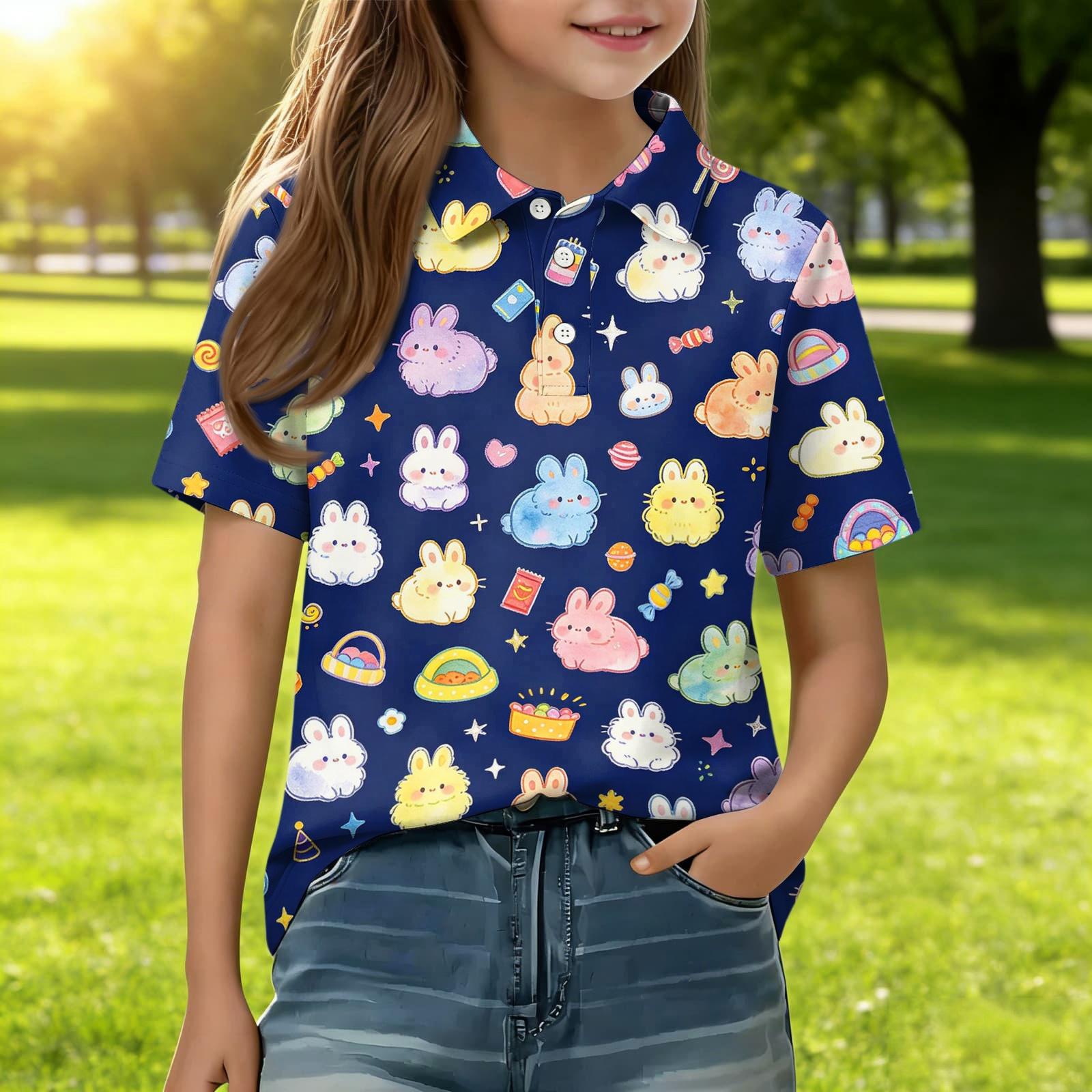 

Kids Casual Short Sleeve Polo Shirt Animal Pattern Tee Soft Lightweight Cotton Blend Top for Boys and Girls Summer Wear 110 синий