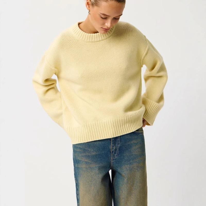 VEZFAA Women's Fashion Casual Fall Winter Solid Color Print Long Sleeve O-Neck Sweaters