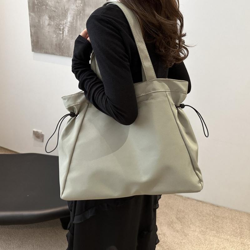 Minimalist Nylon Tote Bag with Drawstring Sides Large Capacity Shoulder Purse Versatile Daily Casual Bag for Women Work Commuter