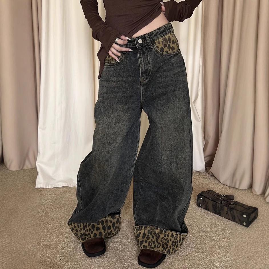 Y2K Leopard Print Patchwork Wide-Leg Jeans for Women - Trendy and Versatile S