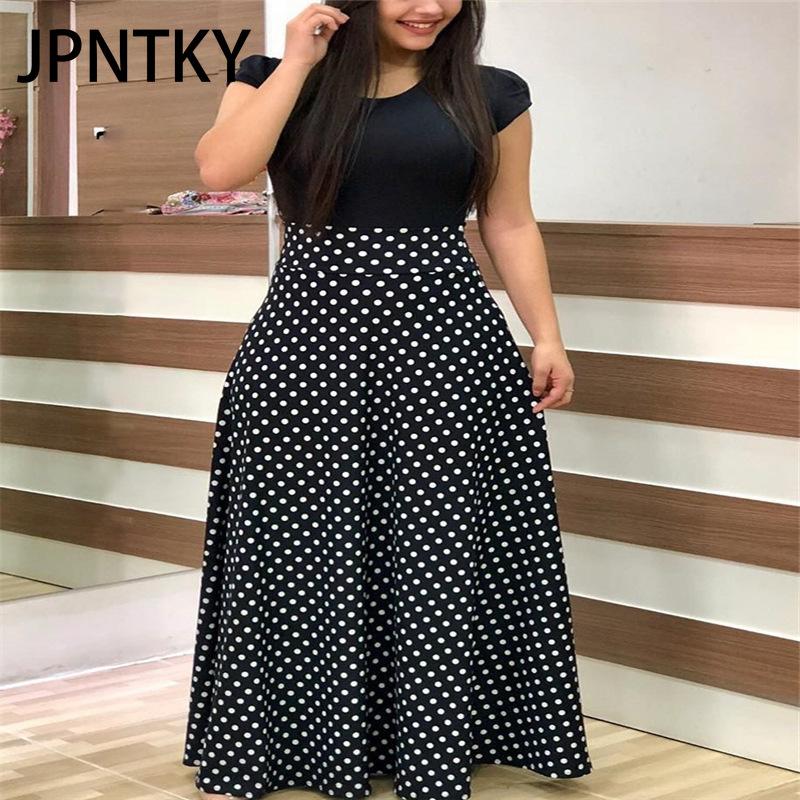 JPNTKY Floral Print Patchwork Short Sleeve Bohemian Dress Women Summer O-Neck Big Swing Long Dresses