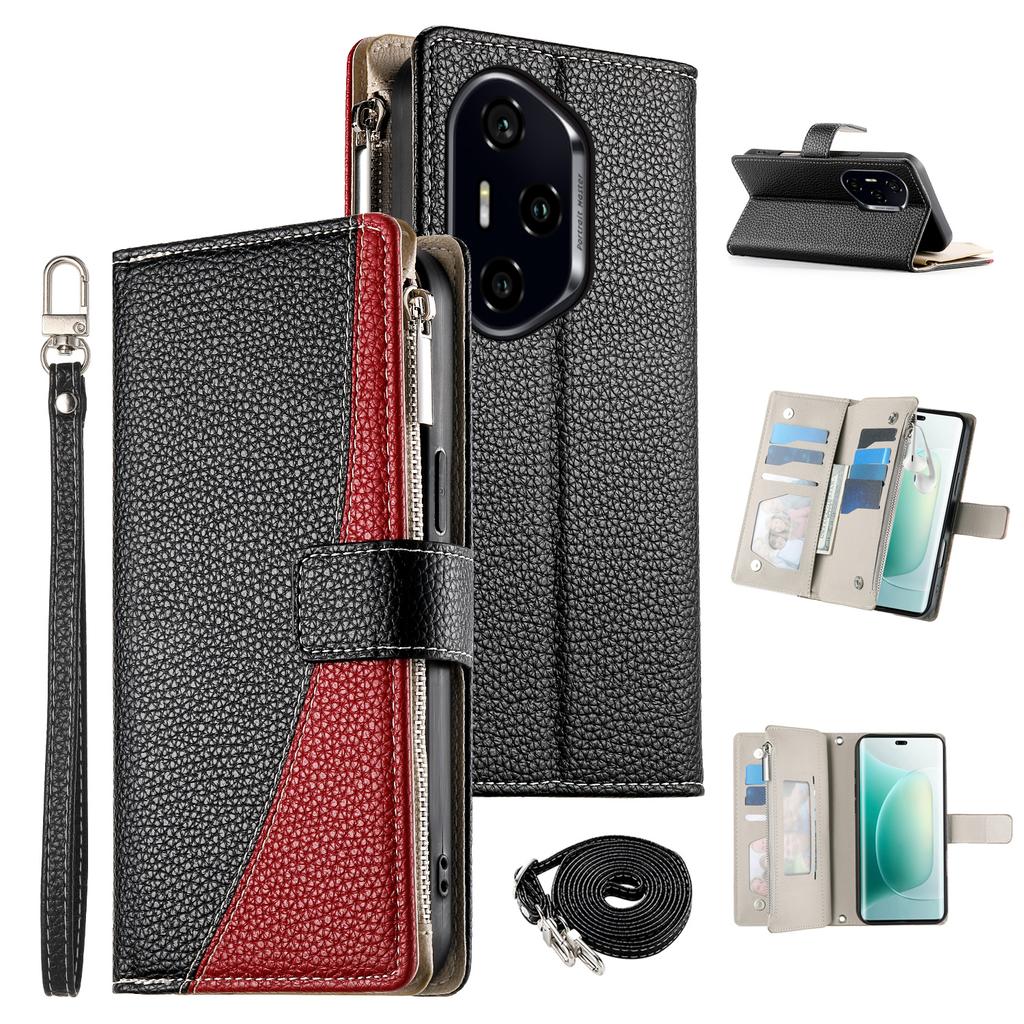 For Honor 300 Pro Case Zipper Wallet Color Splicing Leather Flip Phone Cover with Straps