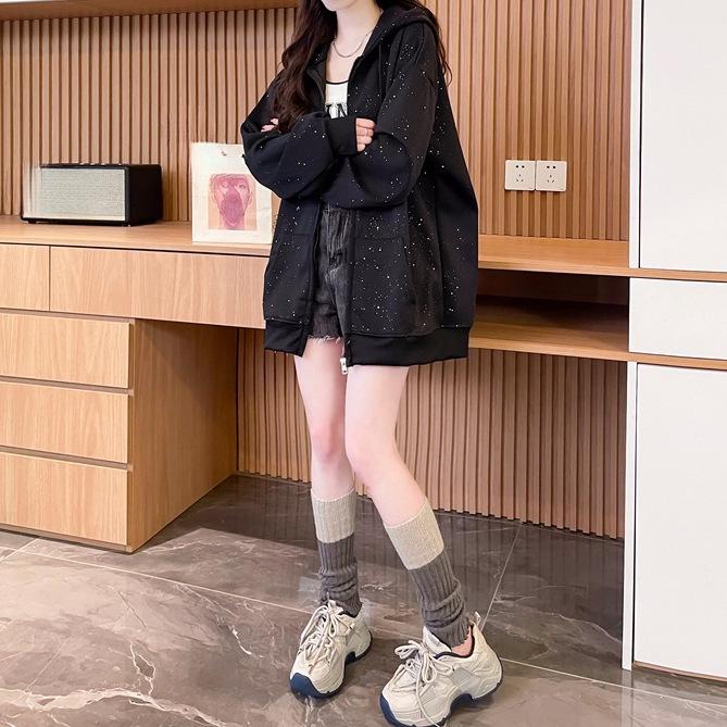 Women's Plus Size Sparkly Starry Sky Zipper Hoodie - Korean Style, Loose Fit for Spring & Autumn