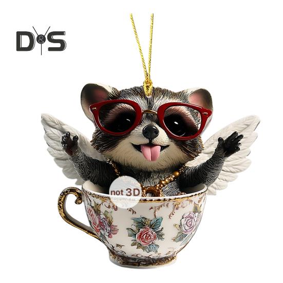 

2D Acrylic Animal Pendant Animals in Teacup Hanging Ornament Cartoon Animal Ornament with Lanyard for Car Rearview Mirror Home Door Decor B