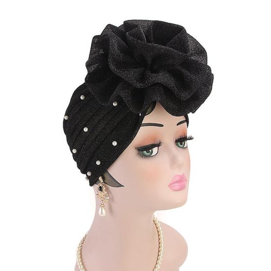 Fashion Faux Pearl Decor Big Flower Women Elastic Hat Soft Head Wrap Cap Gifts