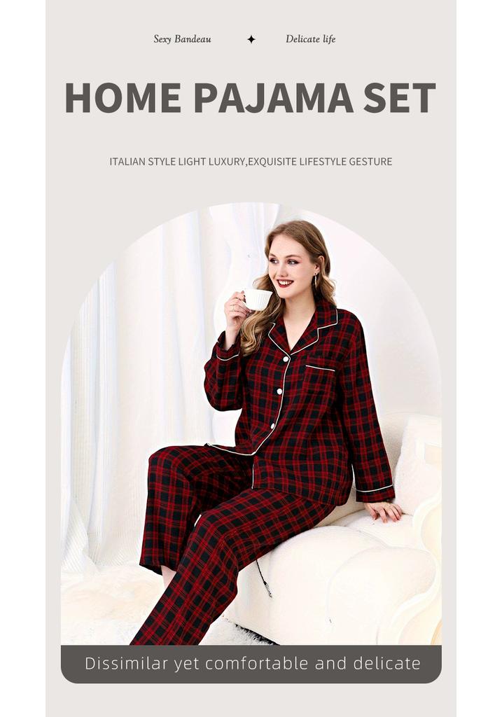 Red and black plaid pure cotton pajamas women's autumn and winter long-sleeved trousers loose large-size loungewear set