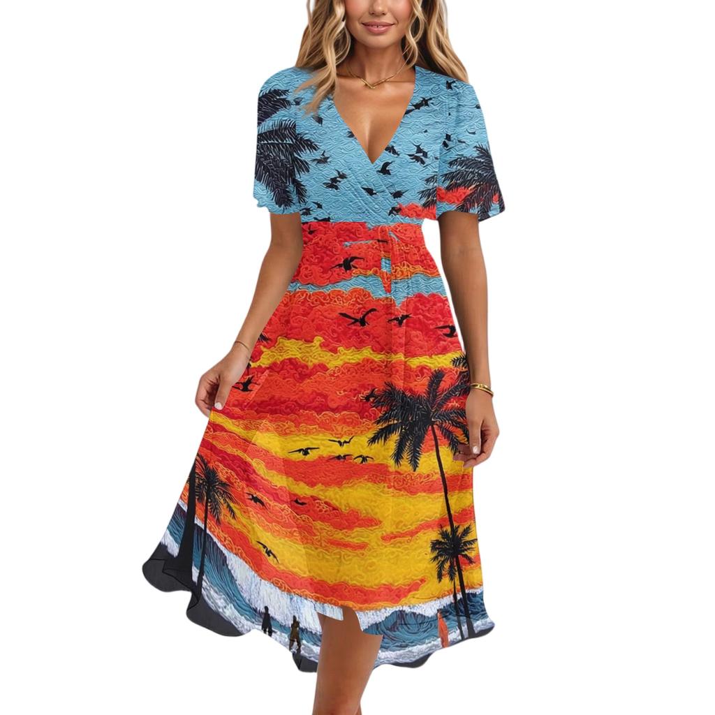 Women's Fashion Casual V Neck Short Sleeve Ruffled Vintage Printed Dresses