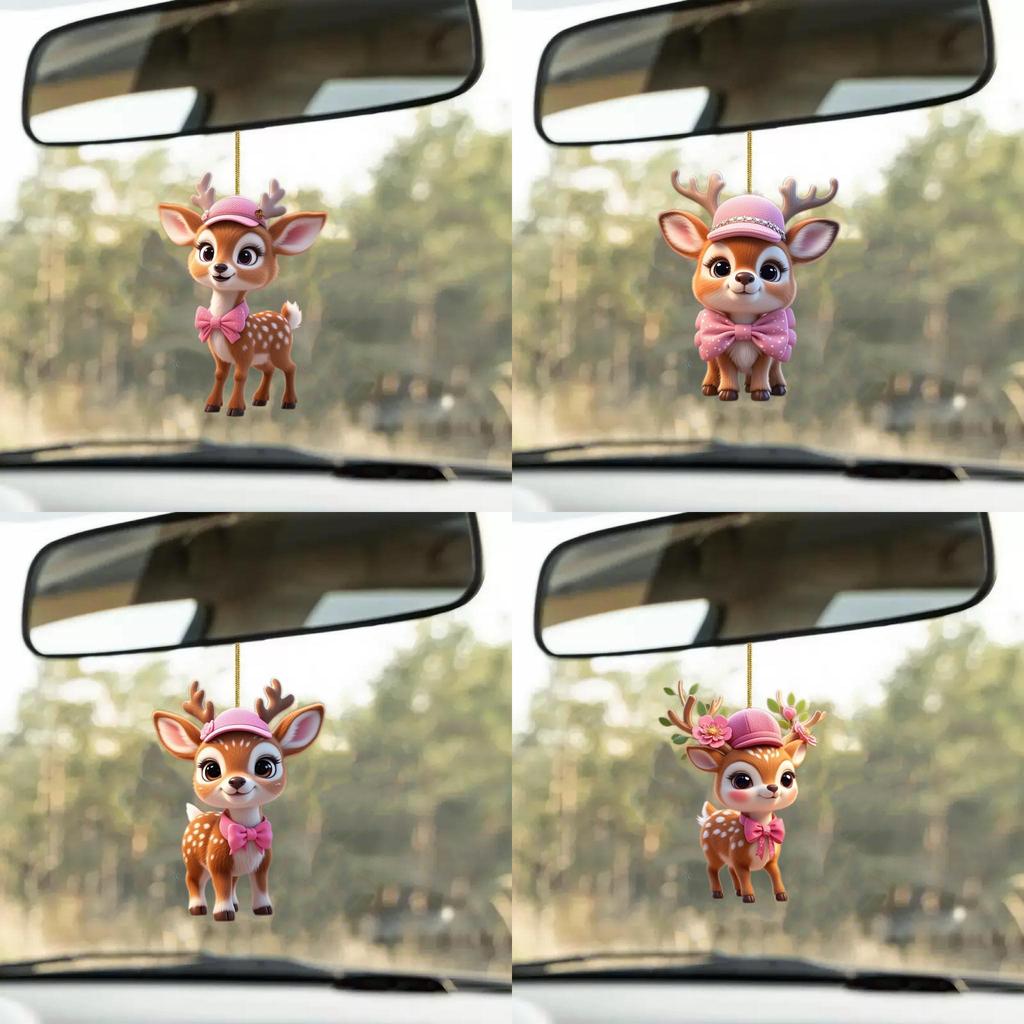 Cartoon With Deer Pink Hat Car Mirror Ornament Pendant For Kids Vehicle Decor