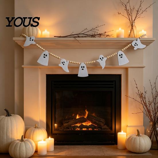 Ghost Halloween Garland 2 Pcs 7.5FT Garland, Felt Pumpkin Bat Skull with Banner Decoration Wood Beads, Party Hanging for Fireplace Doorway Indoor