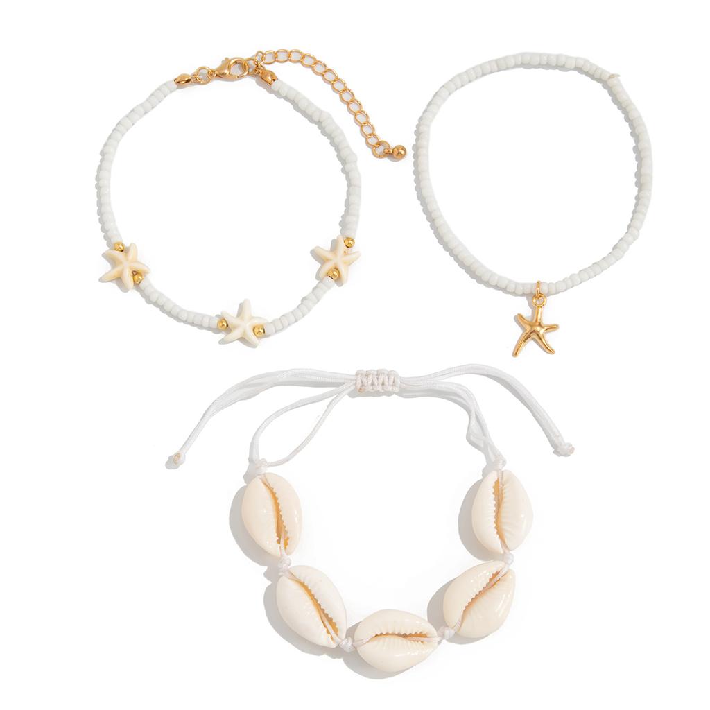 PuRui Bohemia CCB Beads Acrylic 3Pcs/Set Adjustable Anklets for Women Ethnic Summer Ocean Beach Star Conch Pendant Zircon Gift