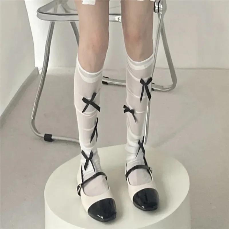 Women Sexy Ribbon Bow Socks Long Tube Knee High Lolita White Stockings Thin Piles of Socks Section Mesh Pure Desire Lace Hosiery