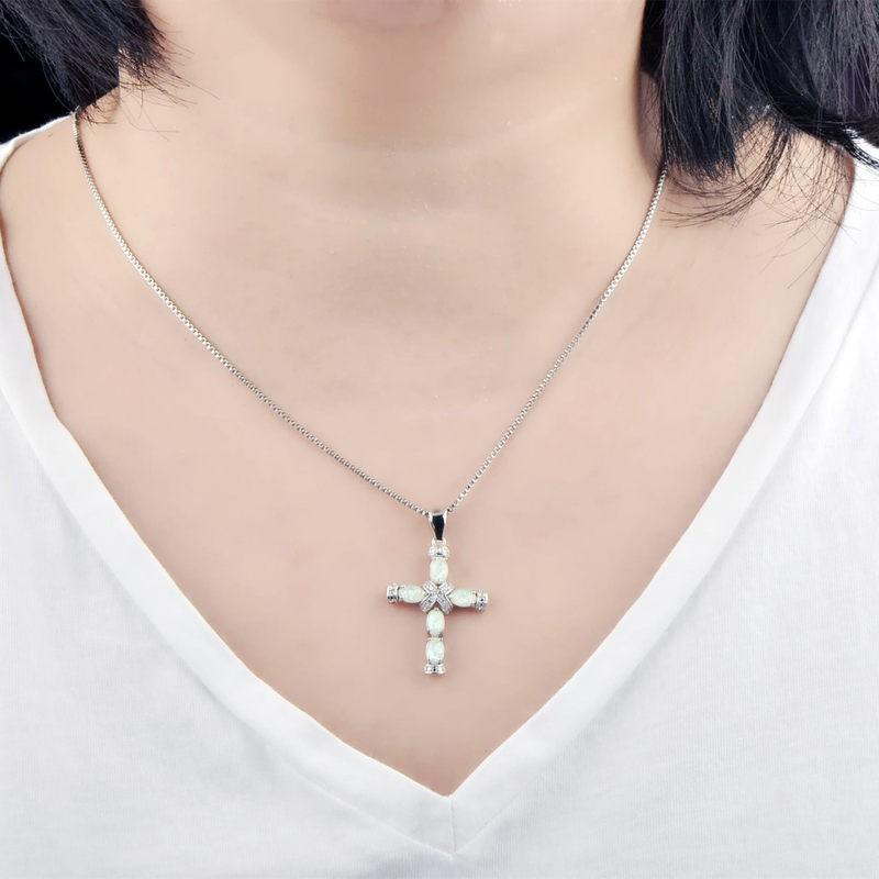 Opal Cross Pendant Necklace Women Copper Chain With White Blue Rose Gold Gemstone 45cm5cm Adjustable Geometric Design