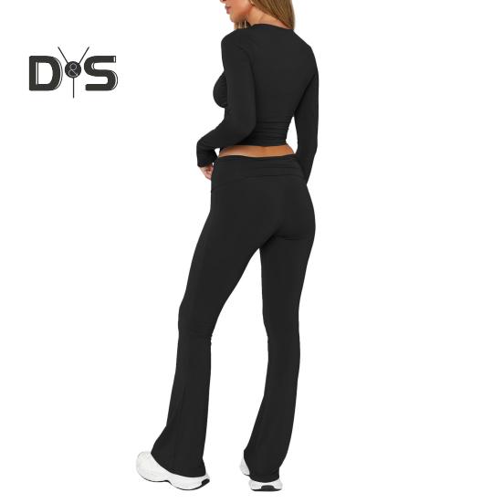 2 Teile/Satz Damen Oberteile Hosen Set Rundhals Einfarbig Lange Ärmel Slim Fit T-Shirt Niedrige Taille Ausgestellte Saum Hose Lässiges Sport Outfit