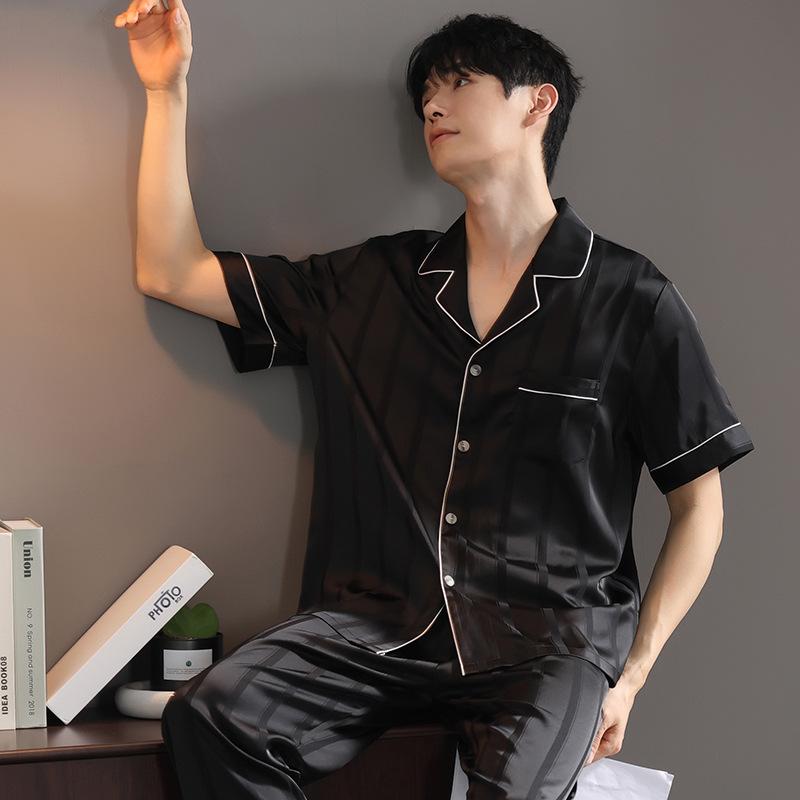 1011 New Pajamas Men's Summer Ice Silk Short-sleeved Trousers Simulated Silk Plus Size Star Loungewear Set
