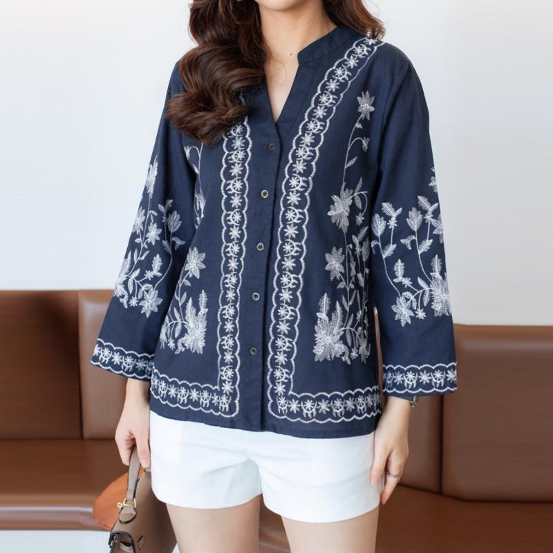 

ZANZEA Этнический принт Повседневная блузка с V-образным вырезом и длинным рукавом для женщин 5XL тёмно-синий