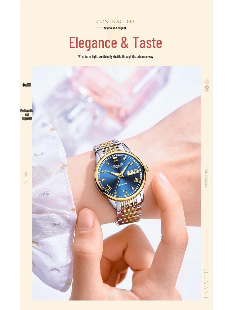 Montre Minimaliste pour Femme avec Strass Suisses, Étanche, Double Calendrier, Cadran Lumineux et Bracelet en Acier.