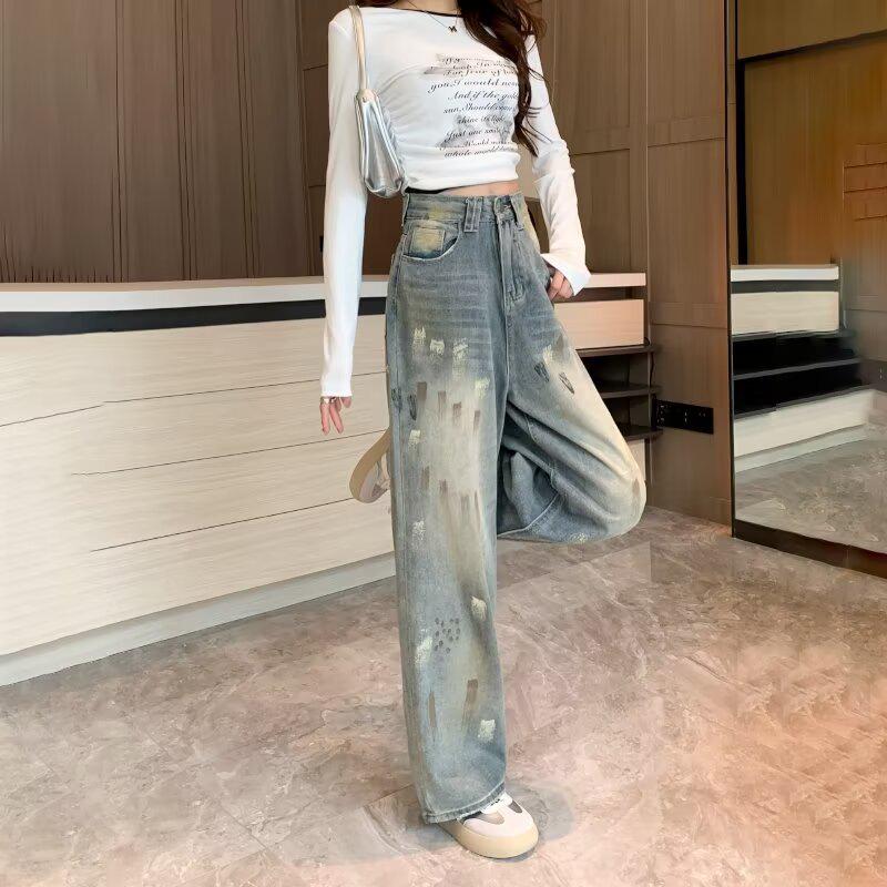 Vintage High-Waist Fleece-Lined Jeans for Women - 2024 Autumn/Winter, Slimming Straight/Wide-Leg Style