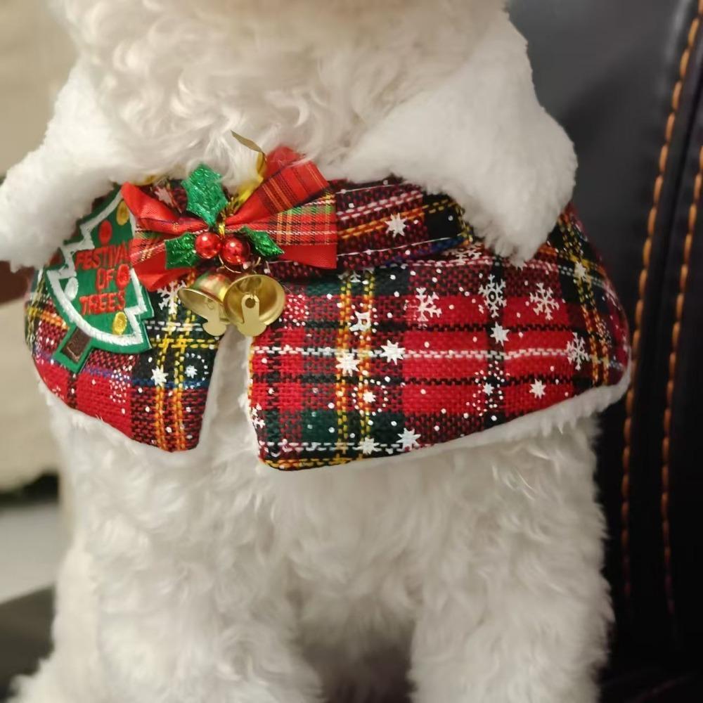 Plaid Pattern New Year's Cat Cloak Fleece Lined Xmas Cat Shawl Elegant Christmas Pet Scarf Party