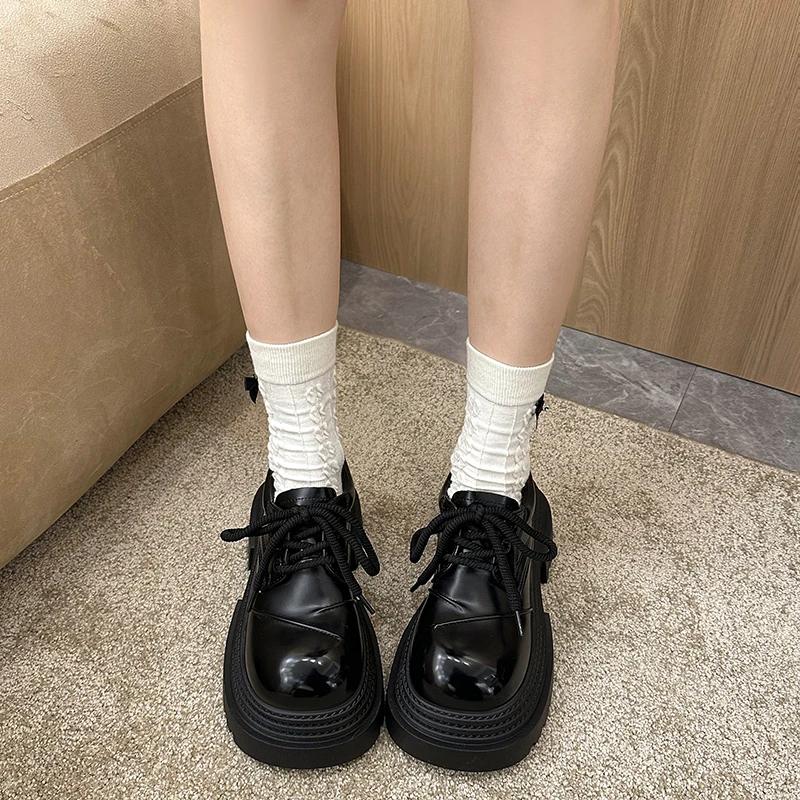 Fashion Spring New Thick Heel Single Shoes Women's Fashion Round Head Deep Mouth Front Lacing Thick Soles Non-slip Loafers