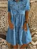 2024 Multi-Button Midi Denim Dress with Pockets - Short Sleeve