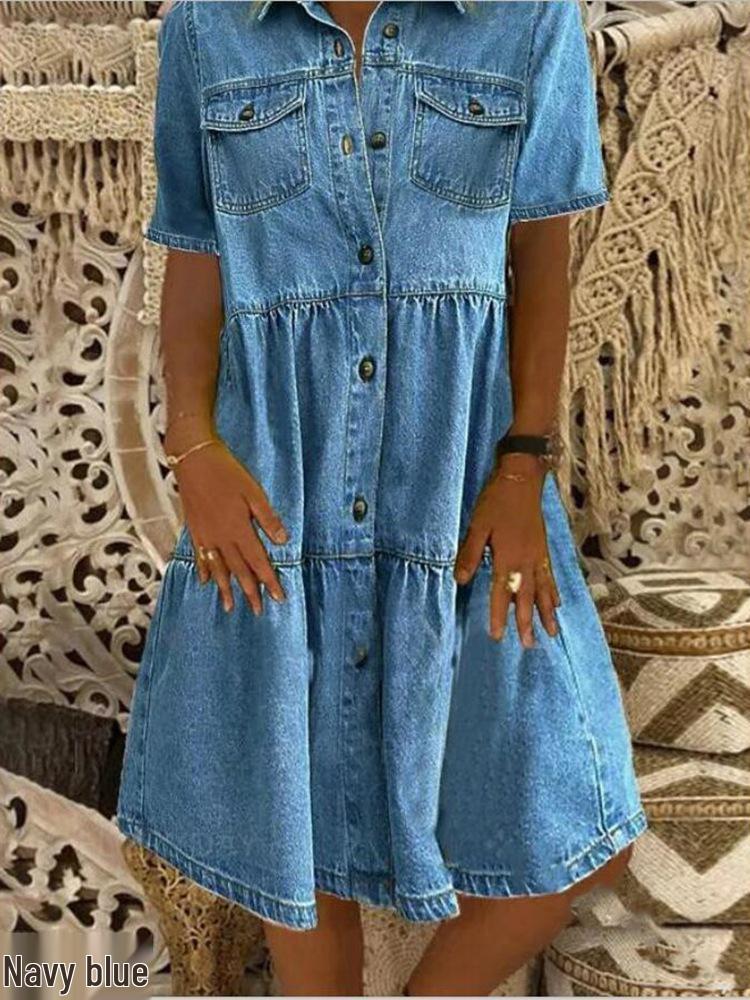 2024 Multi-Button Midi Denim Dress with Pockets - Short Sleeve