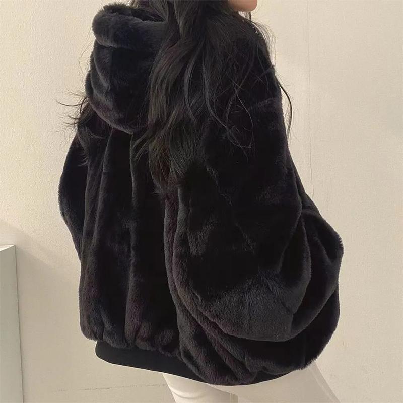 Autumn Thick Double-sided Velvet Cotton Hooded Jacket Women Fashion Winter Clothing Long Sleeve Zipper Loose Coats Women Solid Plush Warm Coat 25259