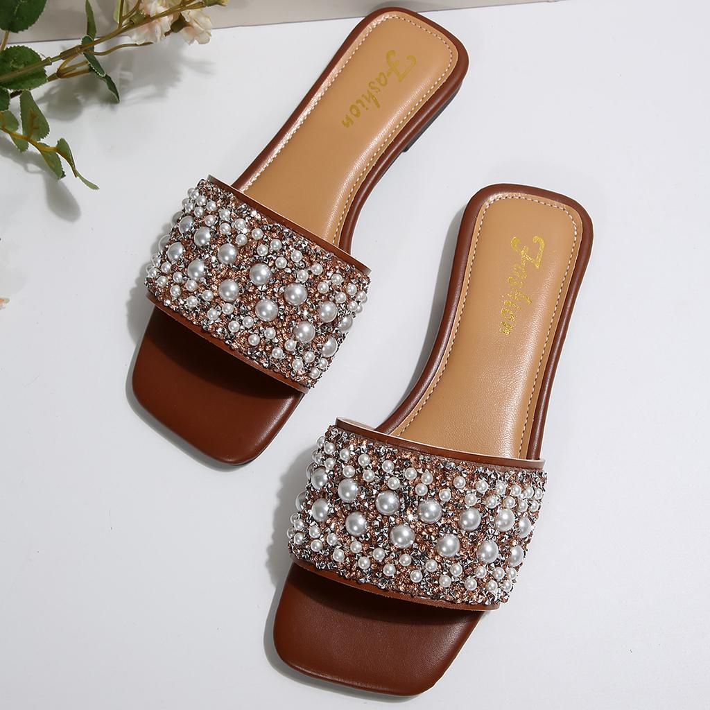 [Foreign Trade] 2025 Pearl Rhinestone Flat Bottom One-character Cool Slippers Women's Fashion Outer Sandals Women's Trend