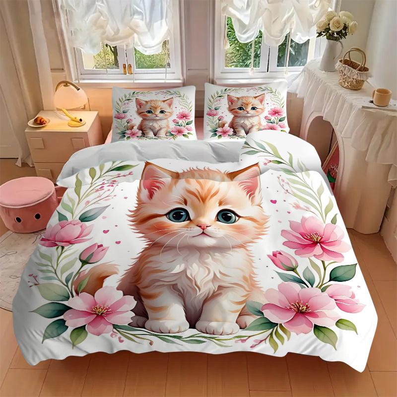 3pcs Cats & Flowers Pattern Bedding Three-Piece Set (1 Cover + 2 Pillowcases, No Fillings), This Printed Bedding Set Is Soft and Comfortable, Sui