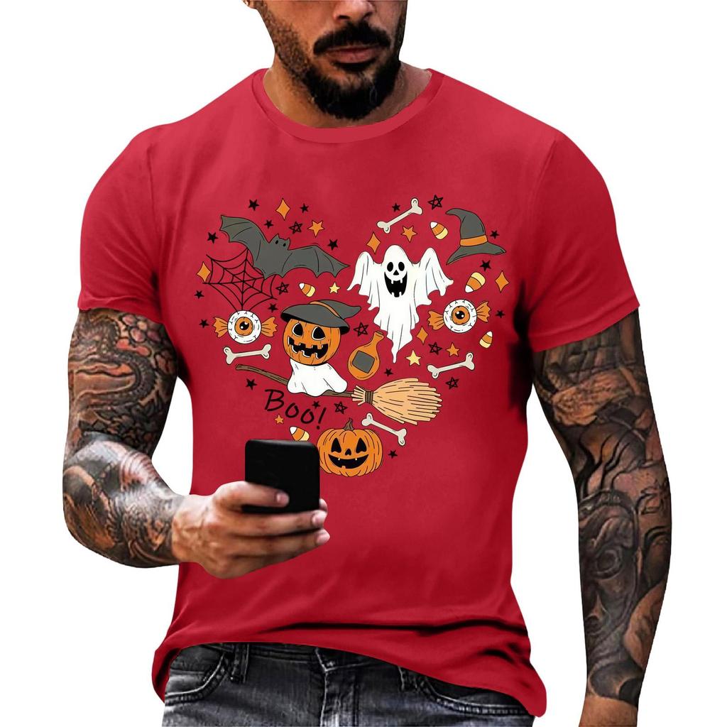 Men Casual Short Sleeve Halloween Print Tee Crew Neck Cotton Fit T Shirt for Everyday Wear and Sports