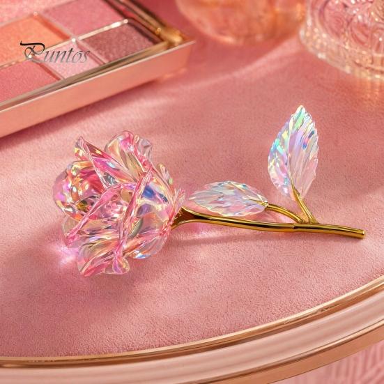 Exquisite Translucent Flower Colorful Rainbow Artificial Rose Flower, Faux Crystal Forever Preserved Transparent Pink Petals Eternal Gifts for Grandma