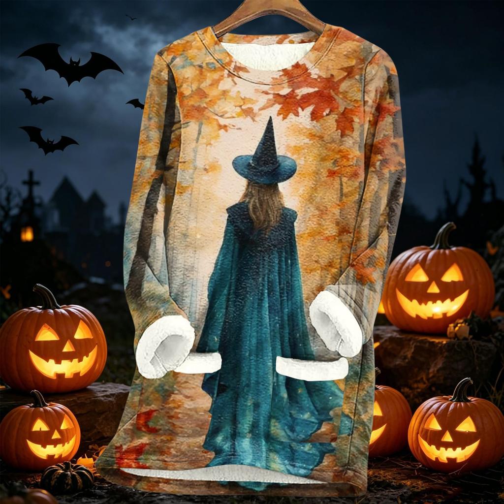 Women's Halloween Print -Lined Long Jacket for Fall and Winter Warmth