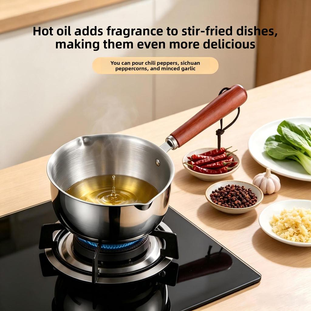 Wooden Handle Stainless Steel Mini Oil Pot Household Kitchen Pouring Oil Melting Butter Small Special Cooking Utensil