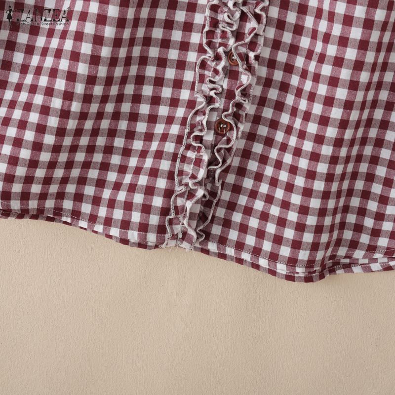 ZANZEA Women Casual V-neck Plaid Print Loose Long Sleeve Blouse