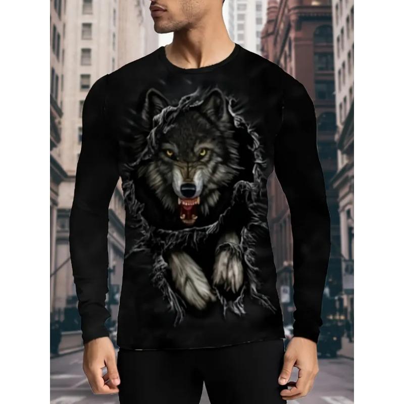 Vintage T-Shirt Animal Print Long Sleeve Tee Hunting Round Neck Shirt Fashion Spring Autumn Pullover Top Casual T Shirts for Man