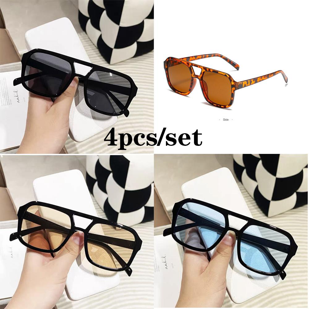 New 4 Pcs/Set Double Beam Square Sunglasses Women Men Vintage Luxury Rectangle Sun Glasses Shades Female Sunglasses Eyewear