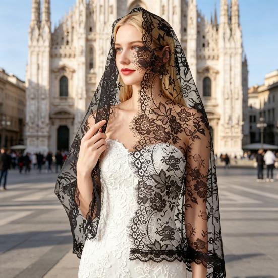 Lace Veil Mid-Length Shawl with Exquisite Lace Binding Elegant Head Scarf for Bridal Gothic Halloween Lolita Dress Matching