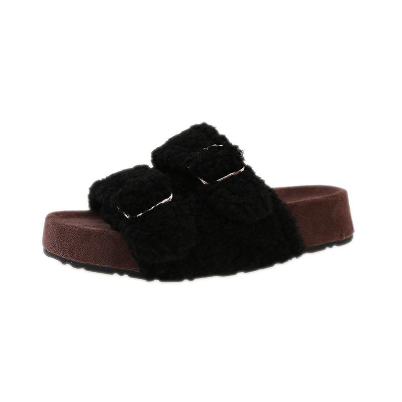Double-button thick-soled fluffy slippers for women's 2025 autumn and winter new models, high-end external wear, fashionable open-toed external wear,