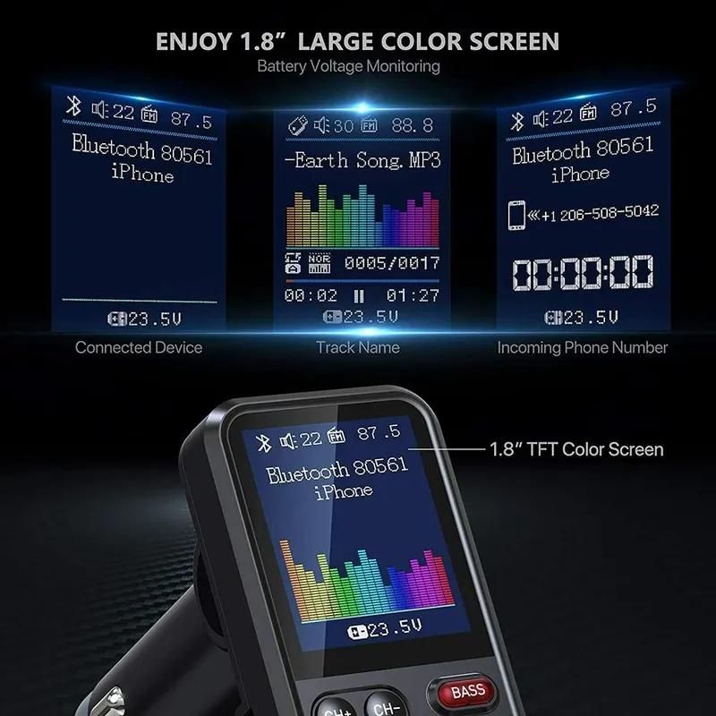 LANGJING 1.8 Inch Wireless Car Bluetooth FM Transmitter Aux Supports QC3.0 Charging Treble and Bass Sound Music Player