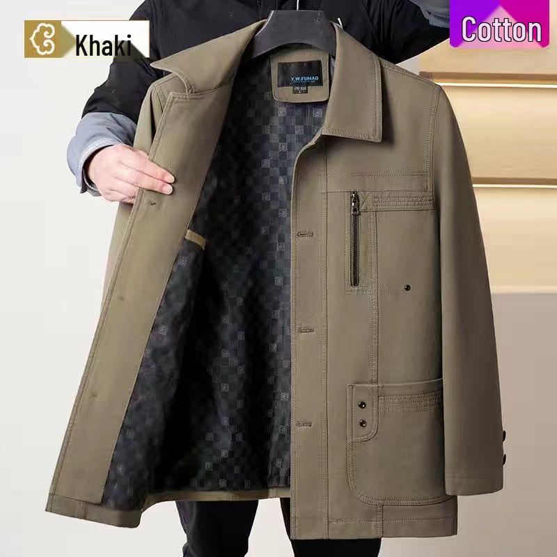 Men's Mid-Aged Full Fleece Jacket - Spring/Autumn Lapel Button Outerwear, Dad's Style Top, Grandpa's Clothing.