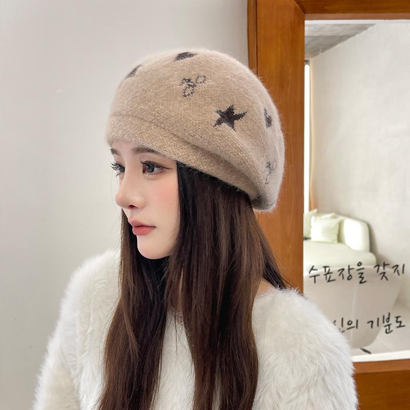 Women's Beret Hat Autumn and Winter Solid Color Knitted Woolen Hat Warm Thick Soft Vintage Painter Premium Hat