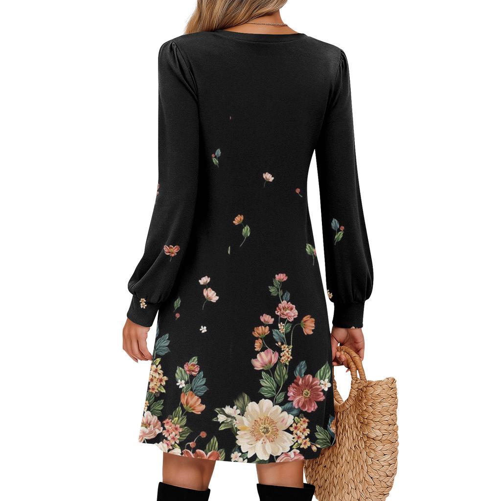 Ladies' Printed Casual And Fashionable V-neck Long Sleeved Mid Length Dress