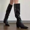 Winter Vintage Women Knee High Boot Concise Slip On Thick Heel Shoes Square Toe Knight Long Booties  New
